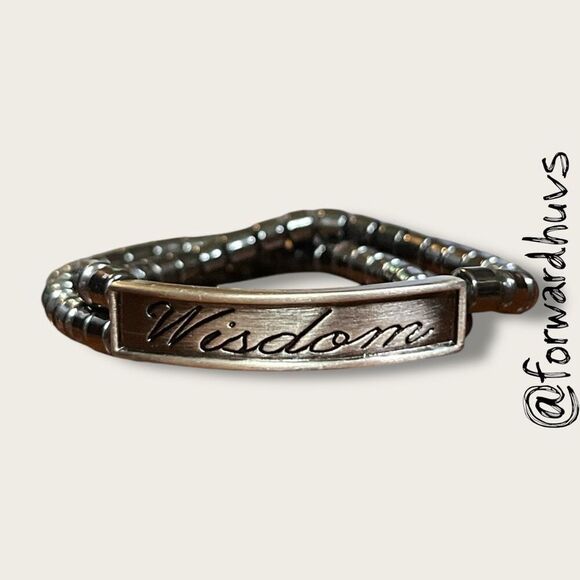 Bundle Sale 3 for $15 | Hematite Stretch Bracelet with "Wisdom" Etched Centerpie - Picture 4 of 6